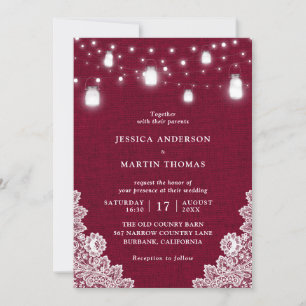 Rustic Country Burgundy Mason Jar Lights Wedding I Invitation