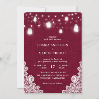 Rustic Country Burgundy Mason Jar Lights Wedding I Invitation