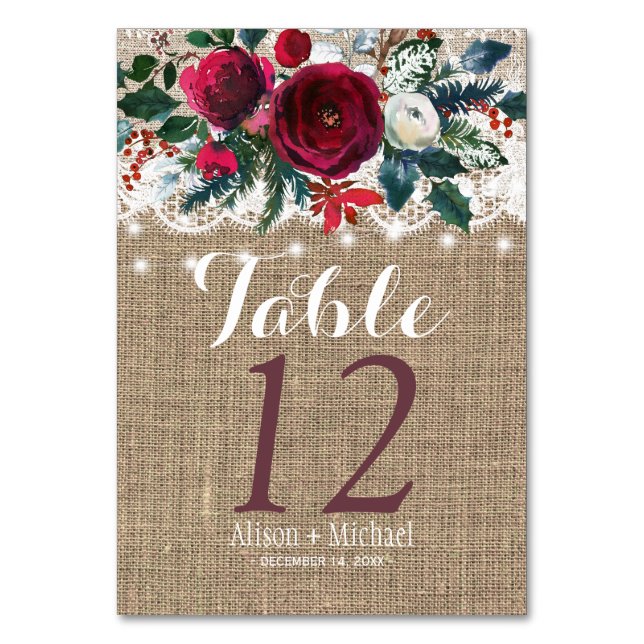 Rustic country burgundy peony wedding table number (Front)