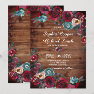 Rustic Country Burgundy Red Navy Floral Wedding Invitation