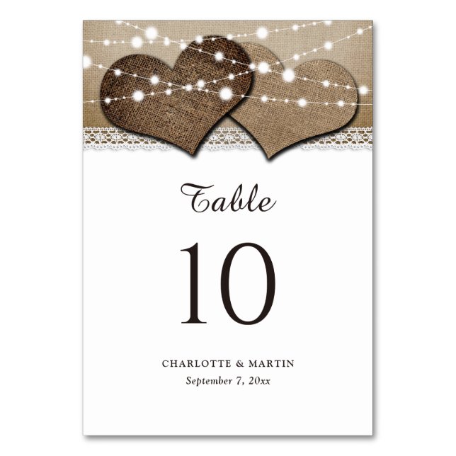 Rustic Country Burlap and Lace Table Number Cards (Front)