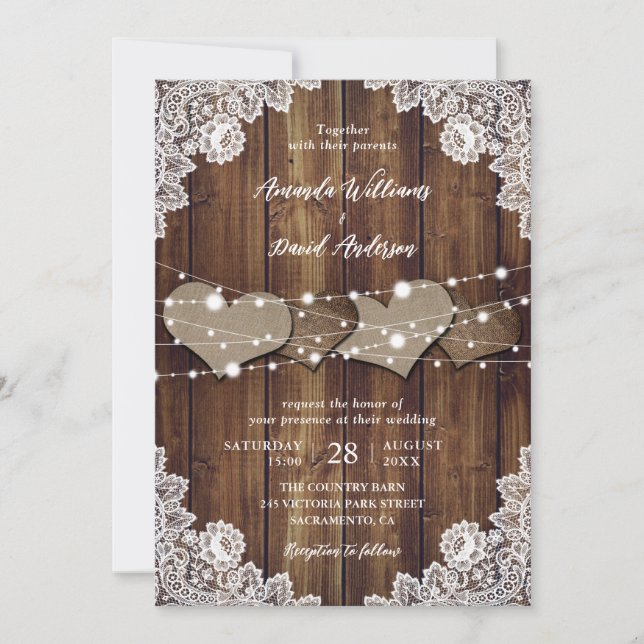 Rustic Country Burlap and Lace Wedding Invitation (Front)