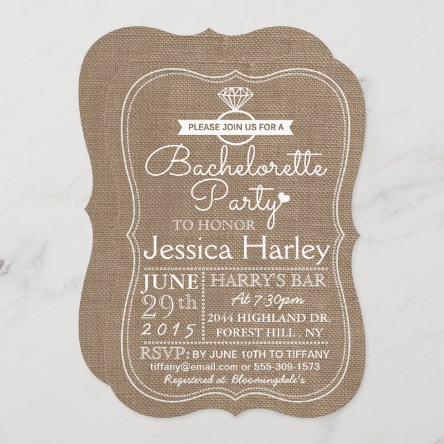 Rustic Country Burlap Bachelorette Party Invitation (Front/Back)