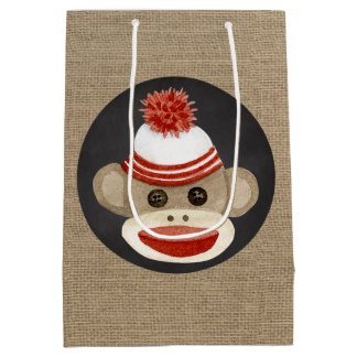 Rustic Country Burlap Birthday Sock Monkey Medium Gift Bag