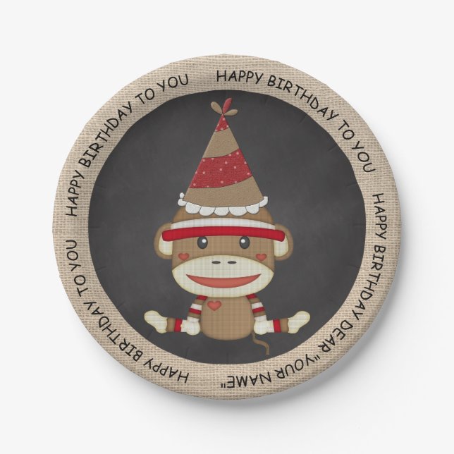 Rustic Country Burlap Birthday Sock Monkey Paper Plate (Front)