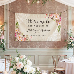 Rustic Country Burlap Lace Floral Wedding Party Banner