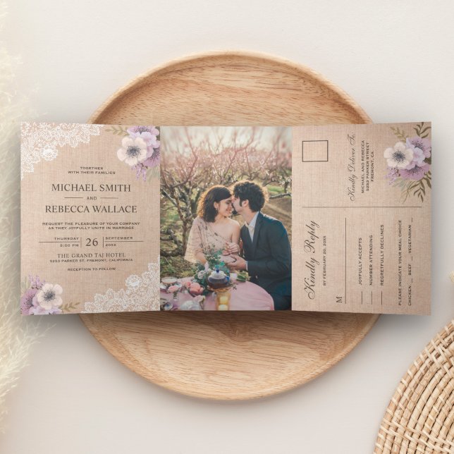 Rustic Country Burlap Lace Pink Floral Wedding Tri-Fold Invitation (Creator Uploaded)
