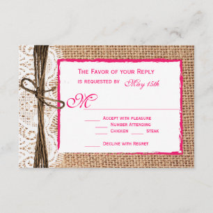 Rustic Country Burlap Lace Pink Wedding RSVP Cards