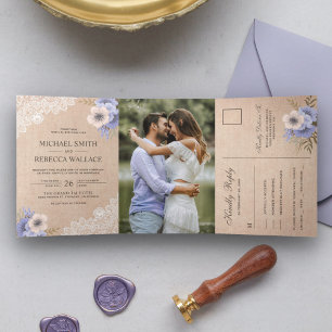Rustic Country Burlap Lace Purple Floral Wedding Tri-Fold Invitation