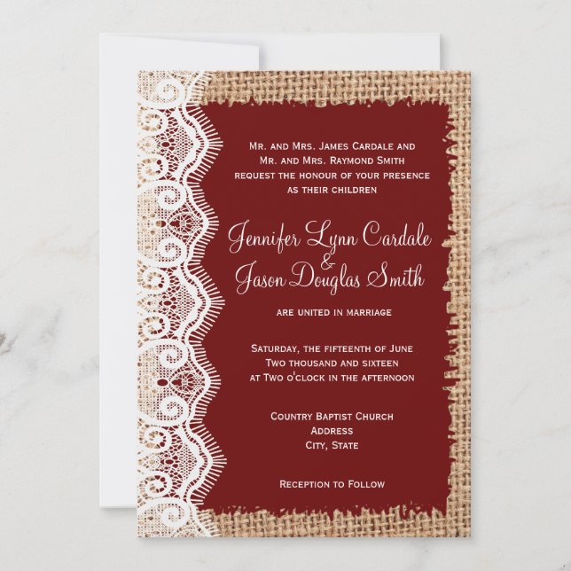 Rustic Country Burlap Lace Red Wedding Invitations (Front)