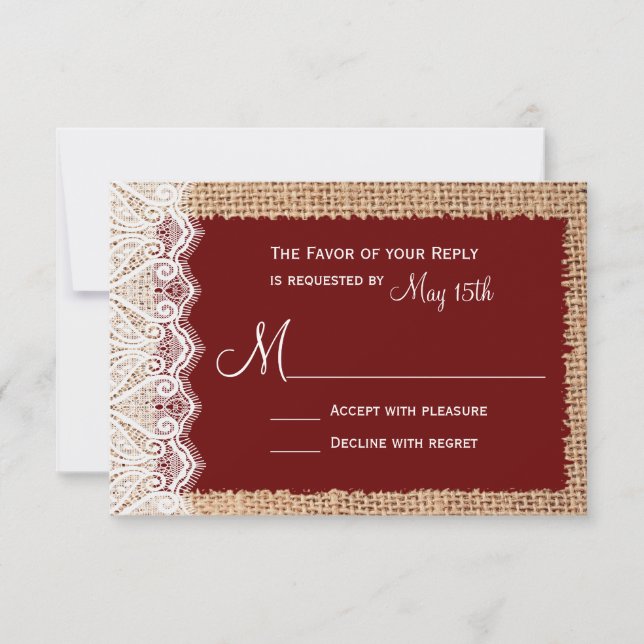 Rustic Country Burlap Lace Red Wedding RSVP (Front)
