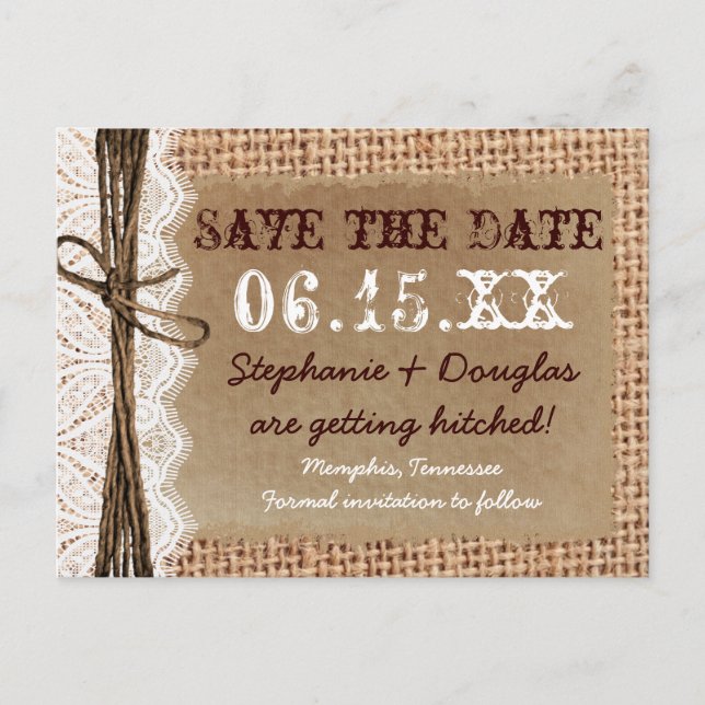 Rustic Country Burlap Lace Save the Date Postcards (Front)