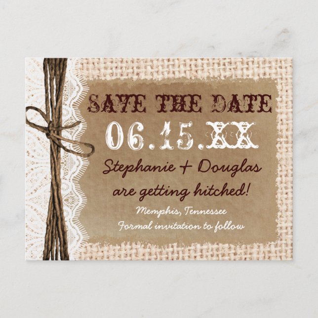 Rustic Country Burlap Lace Save the Date Postcards (Front)