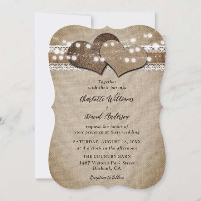 Rustic Country Burlap Lace String Lights Wedding Invitation (Front)