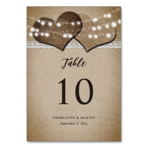 Rustic Country Burlap Lace String Lights Wedding Table Number