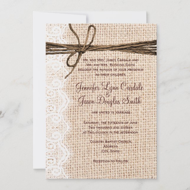 Rustic Country Burlap Lace Twine Wedding Invites (Front)