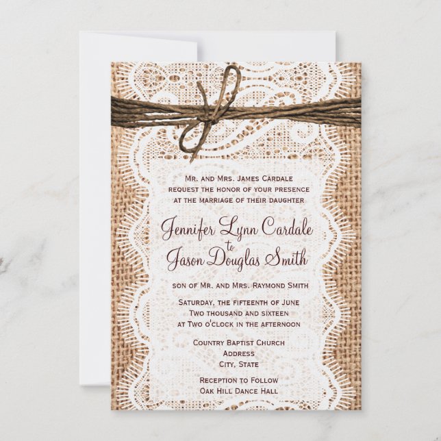 Rustic Country Burlap Lace Twine Wedding Invites (Front)