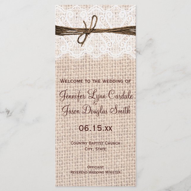 Rustic Country Burlap Lace Twine Wedding Program (Front)