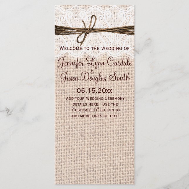 Rustic Country Burlap Lace Twine Wedding Program (Front)