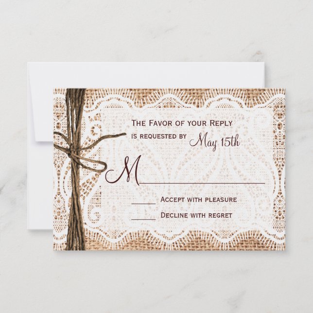 Rustic Country Burlap Lace Twine Wedding RSVP Card (Front)