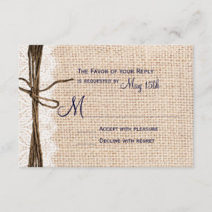 Rustic Country Burlap Lace Twine Wedding RSVP Navy Card
