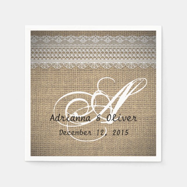Rustic Country Burlap Lace Wedding Monogram Napkin (Front)