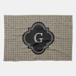 Rustic Country Burlap Look, Black Monogram Label Tea Towel