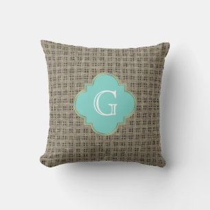 Rustic Country Burlap Look, Turquoise Monogram Cushion
