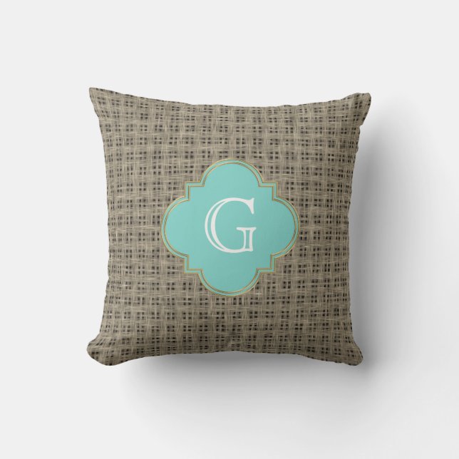 Rustic Country Burlap Look, Turquoise Monogram Cushion (Front)