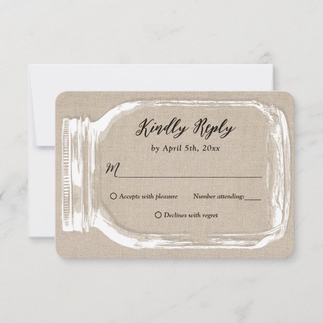 Rustic Country Burlap Mason Jar Wedding RSVP Card (Front)