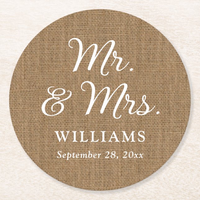 Rustic Country Burlap Mr and Mrs Wedding Coasters (Front)