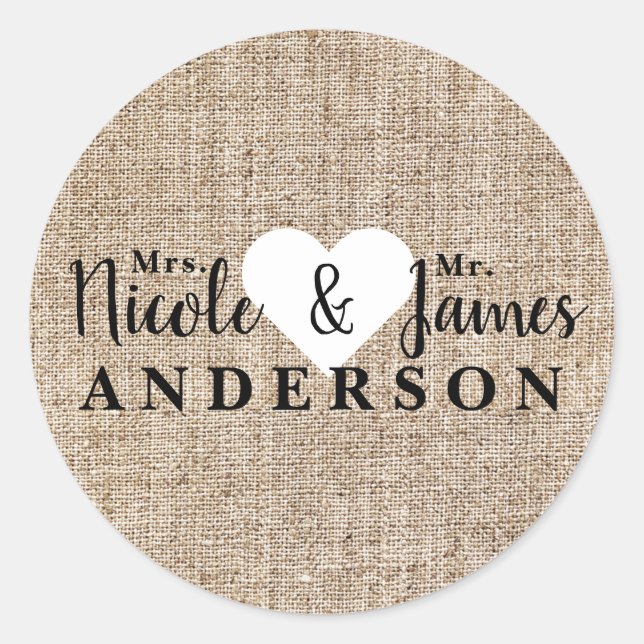 Rustic Country Burlap Personalised Wedding Favour Classic Round Sticker (Front)