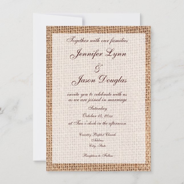 Rustic Country Burlap Print Wedding Invitations (Front)