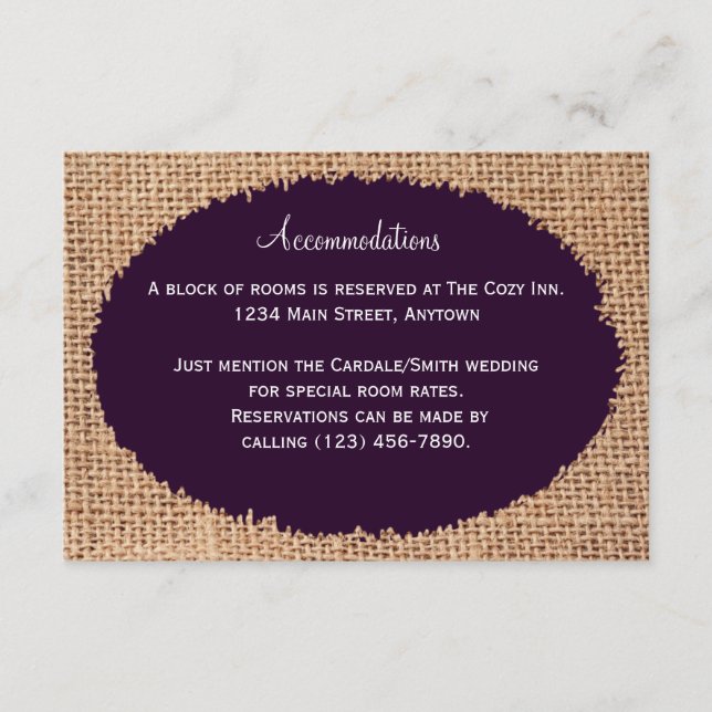 Rustic Country Burlap Purple Accommodations Cards (Front)