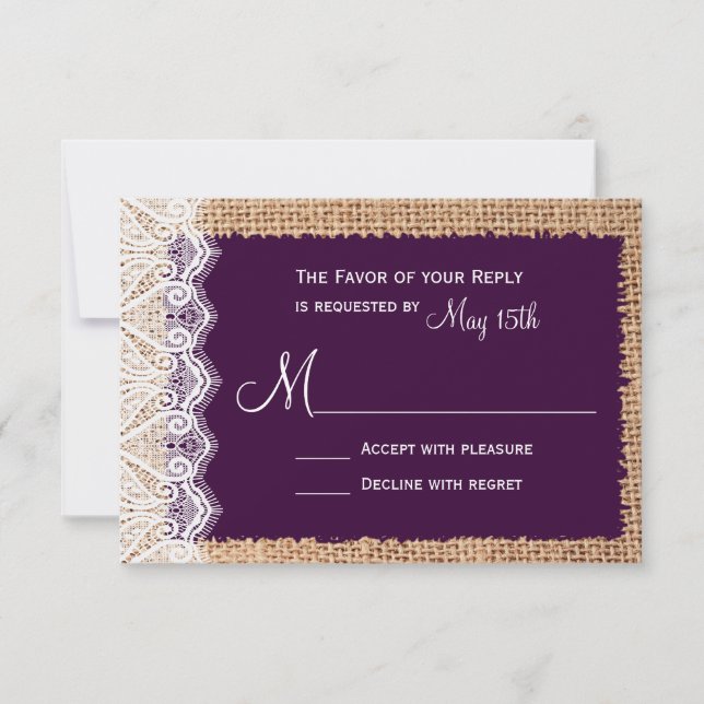 Rustic Country Burlap Purple RSVP Cards (Front)
