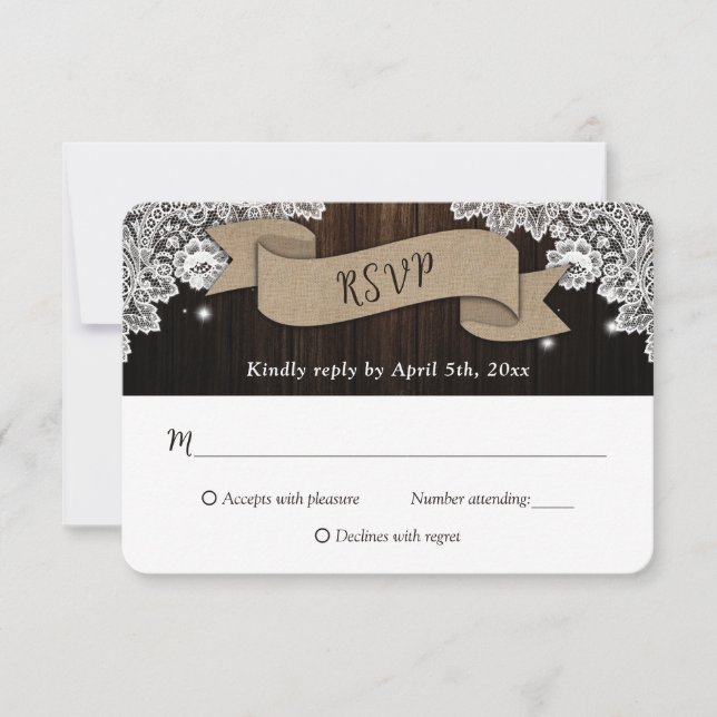 Rustic Country Burlap Ribbon Wood Lace Wedding RSVP Card (Front)