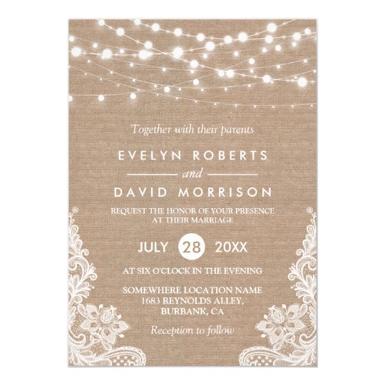 Rustic Country Burlap String Lights Lace Wedding Card Rustic Country Burlap String Lights Lace Wedding Card