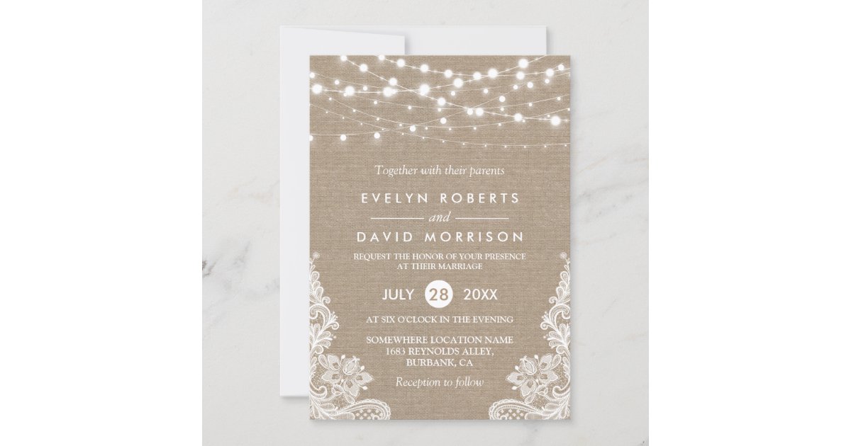 Rustic Country Burlap String Lights Lace Wedding Invitation | Zazzle