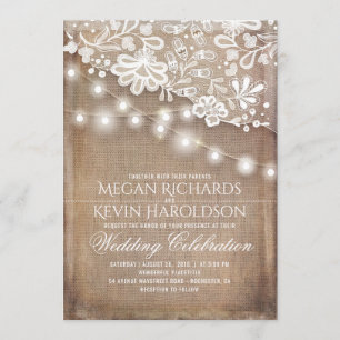 Rustic Country Burlap String Lights Lace Wedding Invitation