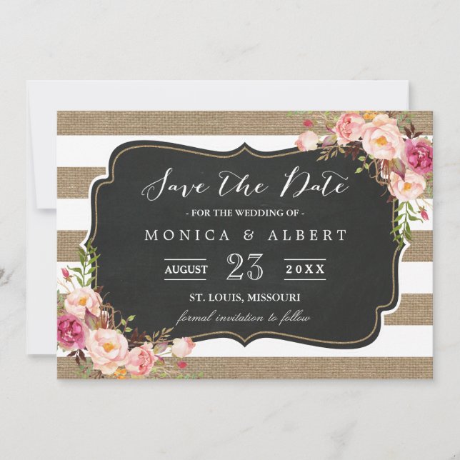 Rustic Country Burlap Stripes Floral Save the Date (Front)