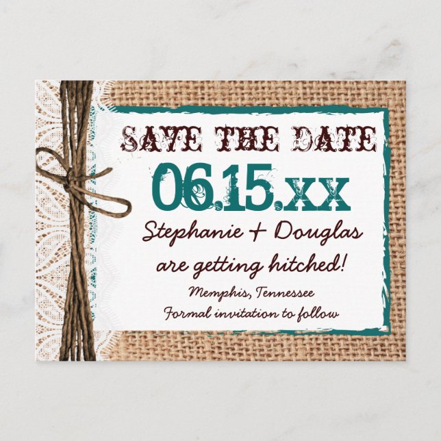 Rustic Country Burlap Teal Save the Date Postcards (Front)