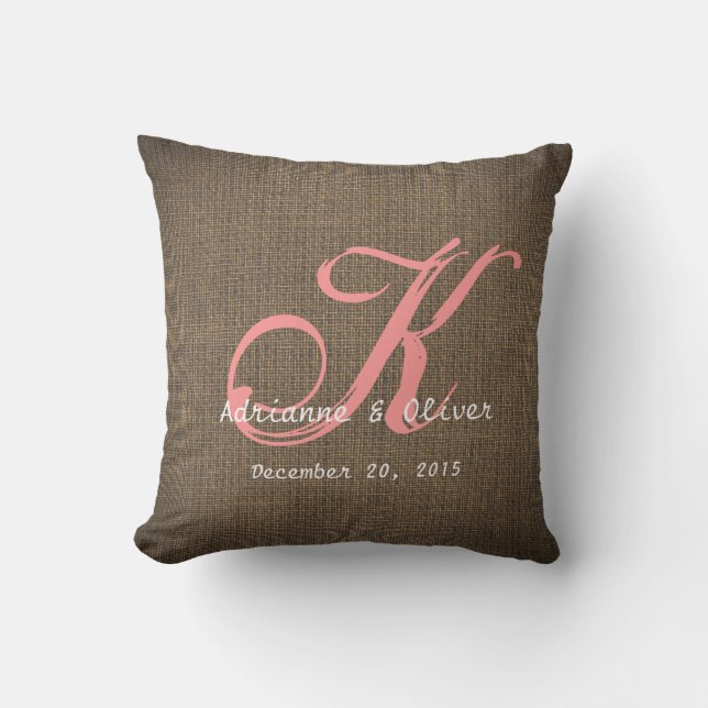 Rustic Country Burlap Wedding Monogram Keepsake Cushion (Front)