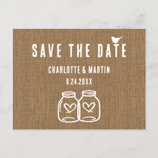 Rustic Country Burlap Wedding Save The Date Announcement Postcard (Front)
