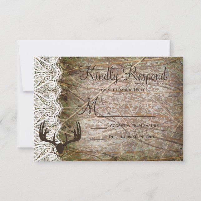 Rustic Country Camo Hunting Antlers Wedding RSVP (Front)