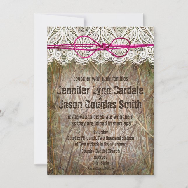 Rustic Country Camo Pink Bow Wedding Invitations (Front)