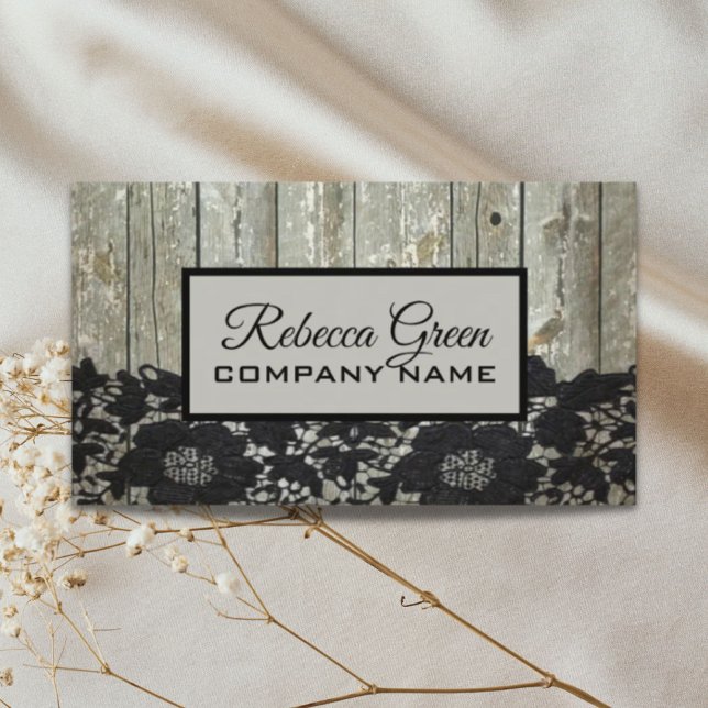 rustic country chic barn wood black lace business card (rustic country chic barn wood black lace business card)