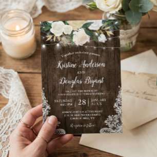 Rustic Country Chic Floral String Lights Wedding Invitation