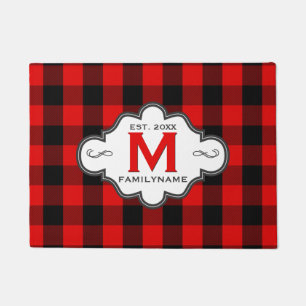 Rustic Country Chic Red Buffalo Plaid Monogrammed Doormat