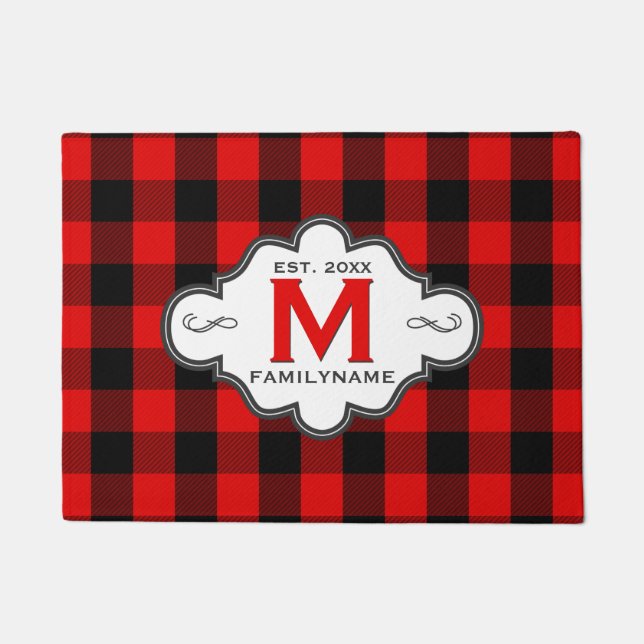 Rustic Country Chic Red Buffalo Plaid Monogrammed Doormat (Front)
