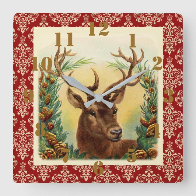 Rustic Country Christmas Deer Elegant Ornate Square Wall Clock (Front)